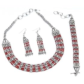 Coral Gemstone Necklace Bracelet and Earrings with Beads in Sterling Silver by ShalinCraft
