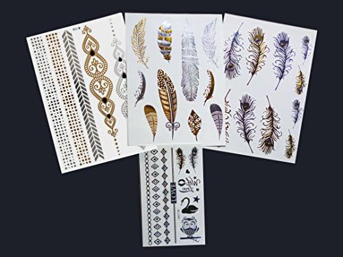 Righteous Lotus Temporary Metallic Tattoos - Beautiful Assortment of Feather and Bracelet Tattoos (Layla Collection - 4 sheets)