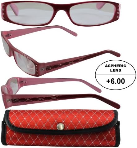 3 Pairs of Women's High-Powered Reading Glasses: Beige, Pink and Red Frames and Matching Cases +6.00 Magnification Aspheric Lenses