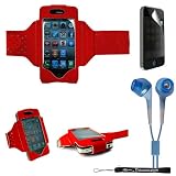 Extreme Sports Exercise Stretchy Red Armband with 8 Secure Adjustable Sizes from 11 inches up to 19 for Apple iPhone 4 , 4th Generation, 4th Gen compatible with 16GB / 32GB - HD Print + Includes a eBigValue (TM) Determination Hand Strap + Includes a Privacy Screen Protector for Apple iPhone 4, Provides 4-way privacy film (up, down, left, right) + Includes a Crystal Clear High Quality HD Noise Filter Earbuds Earphones Headphones 3.5mm Jack