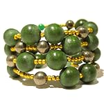 Pyrite Bracelet 03 Coil Fools Gold Green Wood Multi Strand Natural Stone Healing Wrap