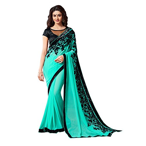 Shree Designer Sarees Women s Enticing Turquoise Embroidered Work Georgette Designer Saree With Unstitched Blouse, One Size