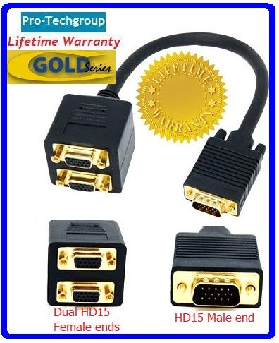Pro-Techgroup Premium GOLD Series VGA SVGA Monitor Projector Splitter cable - double shielded Gold plated to support higher Video resolutions