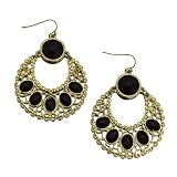 Gold Tone Metal Fashion Round Shape Dangle Earrings with Black Stones