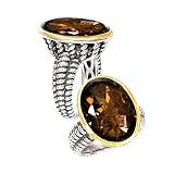 925 Silver & Smoky Quartz Large Oval Ring with 14k Gold Accents- Sizes 6-8