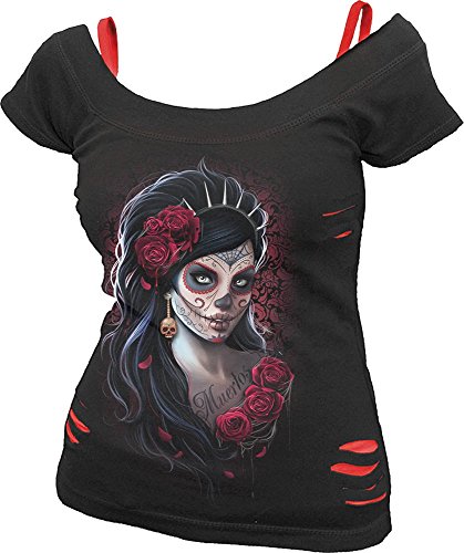 Spiral - Womens - DAY OF THE DEAD - 2in1 Red Ripped Top Black