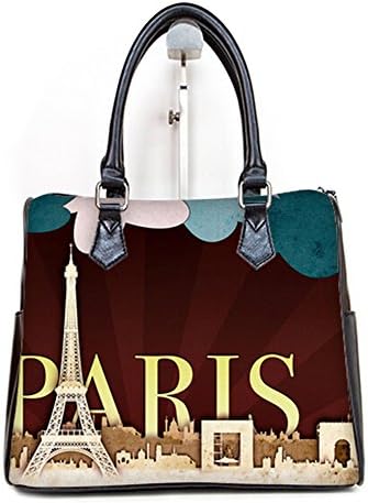 Female Barrel Type Handbgas Top-Handle Bags with Eiffel Tower Print