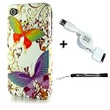 Premium Hard Design Crystal Case Snap On Cover for Apple iPhone 4 , 4th Generation, 4th Gen compatible with 16GB / 32GB - White Rainbow Butterfly HD Print + Includes a eBigValue (TM) Determination Hand Strap + Includes a USB Data Power and Sync Retractable Cable