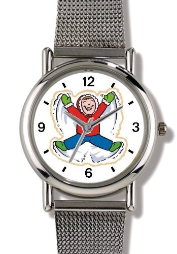 Boy Making Snow Angel Christmas Theme - WATCHBUDDY® ELITE Chrome-Plated Metal Alloy Watch with Metal Mesh Strap-Size-Small ( Standard Women's Size )