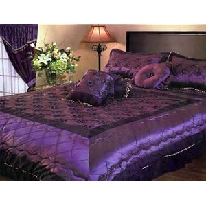 7 Pieces Vintage Purple Satin Flower Comforter Set Bed-in-a-bag Set Full or Double Size Bedding
