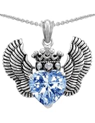 Genuine TRUE LOVE (tm) 925 Silver Siumlated Aquamarine Heart With Crown and Angel Wings Pendant