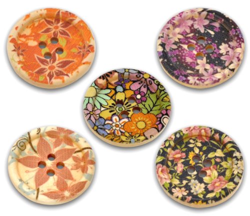 Fabulous Large Wood Buttons with Colorful Designs-25 Buttons Per Package with Exclusive Shizaru DesignsÂ® Gift Bag