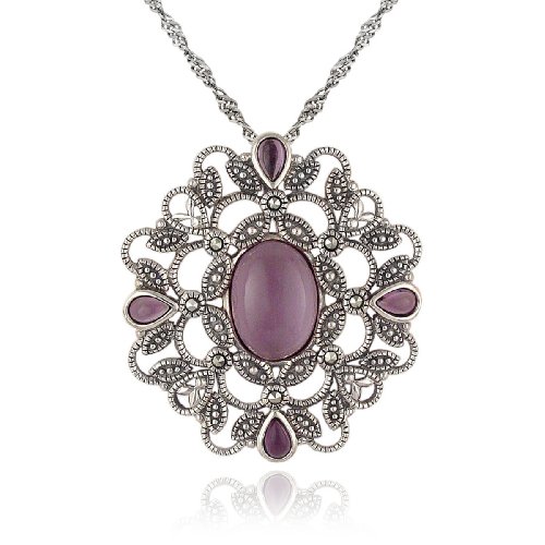 Sterling Silver Marcasite and Glass Flower Pendant, 18