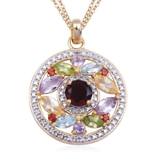 18k Yellow Gold Plated Sterling Silver Multi-Gemstone and Diamond Circle Pendant, 18"