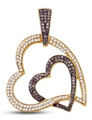 10K Yellow and White Two 2 Tone Gold Round Brilliant Cut Channel Set Chocolate Brown and White Diamond Heart Pendant - (1.15 cttw.)