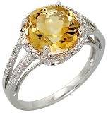 14k White Gold Large Stone Ring, w/ 0.10 Carat Brilliant Cut Diamonds & 5.06 Carats 10mm Brilliant Cut Citrine Stone, 7/16 (11mm) wide