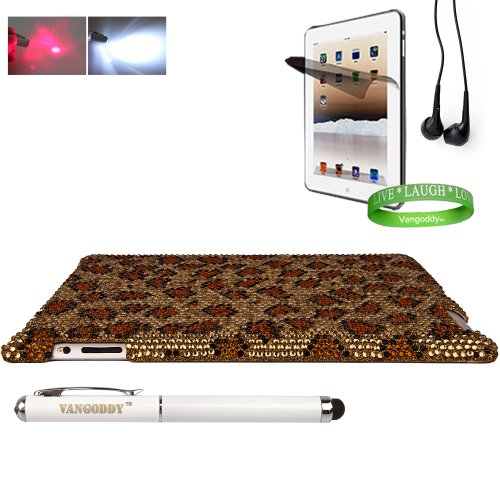 Bedazzled Diamond Leopard Cover Hard Case for all models of The New Apple iPad ( 3rd Generation, iPad3, wifi , + AT&T 3G , 16 GB , 32GB , MC707LL/A , MD328LL/A , MC705LL/A , MC706LL/A , MD329LL/A , MD368LL/A , ect.. ) + iPad Compatible Black Earbud Earphones + iPad 3 Screen Protector with Anti Glare + Vangoddy Wrist Band + Vangoddy iPad 3 Stylus with Laser Pointer & LED Light (Batteries Included)