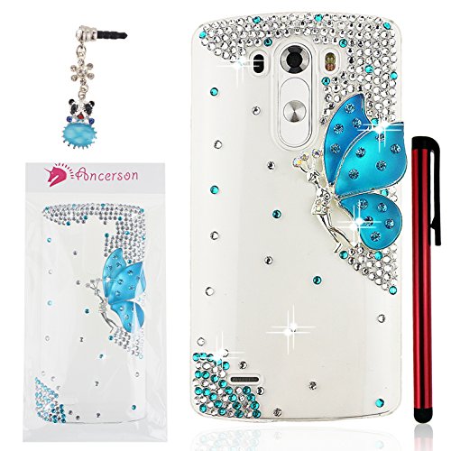 Ancerson 3D Handmade Luxury Shining Glitter Crystal Diamond Rhinestones Hard Back Case Cover for LG G3 D855 Free with a Red Stylus Touchscreen Pen, a 3.5mm Universal Crystal Diamond Rhinestones Bling Lovely Silvery Flower Blue Panda Pendant Dust Plug and a Cleaning Cloth(Transparent Clear Case) (Blue Butterfly Fairy Angel Girl Spirit Lady)