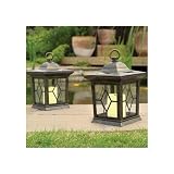The Emporium Garden Lighting 2 Solar Flickering Candle Lanterns. Amber Garden Lights. Bronze Finish