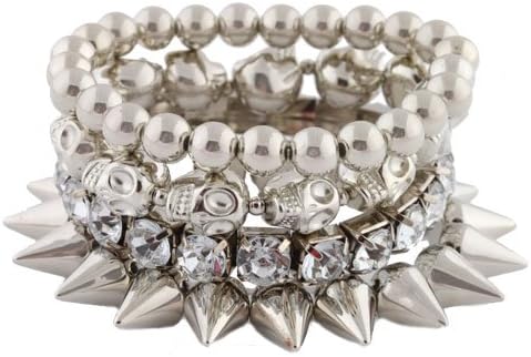Silvertone Spikes, Skulls, Rhinestones, Beaded Stretch Bundle Bracelet