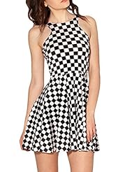 Sleeveless Above the Knee Scoop Neck Polyester/Spandex Pleated Checkered Print  Dress