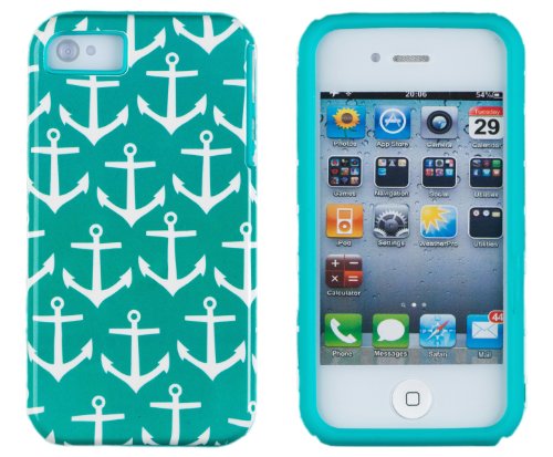 DandyCase 2in1 Hybrid High Impact Hard Nautical Anchor Pattern + Teal Silicone Case Case Cover For Apple iPhone 4S & iPhone 4 + DandyCase Screen Cleaner