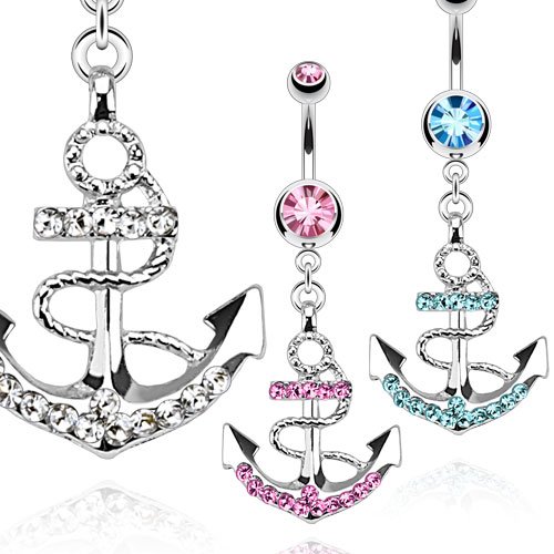 Nautical Anchor Gemmed Belly Ring 316L Surgical Steel 14g Dangle Navel Ring
