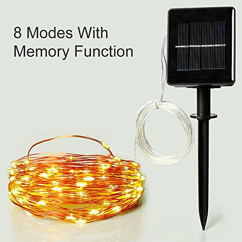 Outdoor Solar Powered String Lights,easyDecor Copper Wire 8Mode 100 LED 33ft Warm White Waterproof Decorative Christmas Fairy Starry Rope Light for Indoor Party,Patio Decoration,Garden,Tree Decor