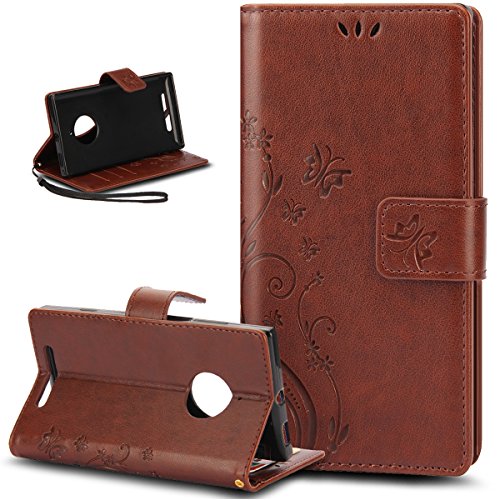 Nokia Lumia 830 Case,Nokia Lumia 830 Wallet Case,ikasus Butterfly Flower PU Leather Fold Wallet Pouch Case Premium Leather Wallet Flip Stand Credit Card ID Holders Case Cover for Nokia Lumia 830,Brown