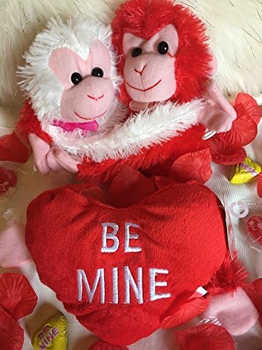 Valentine's Day Gift Set Including Two Plush Loveable Hanging Monkeys, "Be Mine" Plush Pillow, 50+ Red Rose Petals, Chocolates and Heart Suckers!