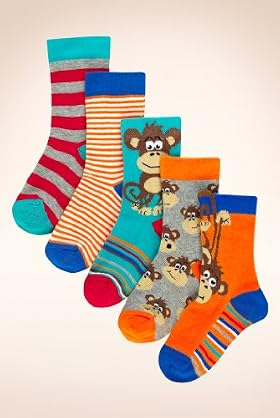 5 Pairs Of Younger Boys' Cotton Rich Assorted Monkey Socks