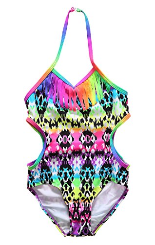 Attraco Little Big Girls Fringe Hollow-Out Rainbow Wave Stripe One Piece Swimsuit