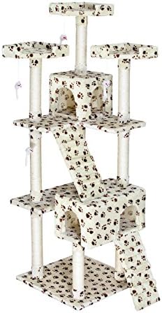 Mr Cute Cat Tower Play Stairs Scratcher Post House Condo Cat Tree Furniture with Kitty IQ-toy Beige with Paw Print(33''Lx24''Wx72''H, Beige&amp;paw print)