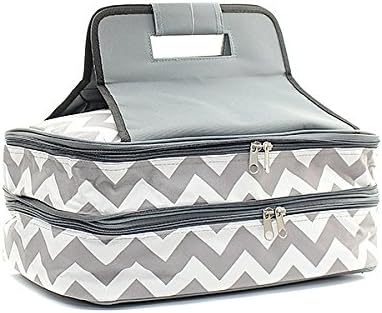 Expandable Casserole Carrier Insulated~2 Compartments~Hot and Cold~Velcro Handle (Gray&White Chevron)
