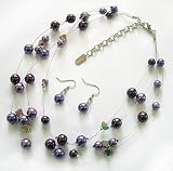 4 Strand Illusion Eggplant & Violet Color Pearl Necklace & Matching Earring - Purple Bridesmaid Set