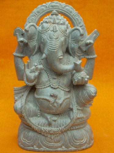 Seated Maruti Ganapati Idol on Lotus Base Stone Sculpture 6.3 Inch