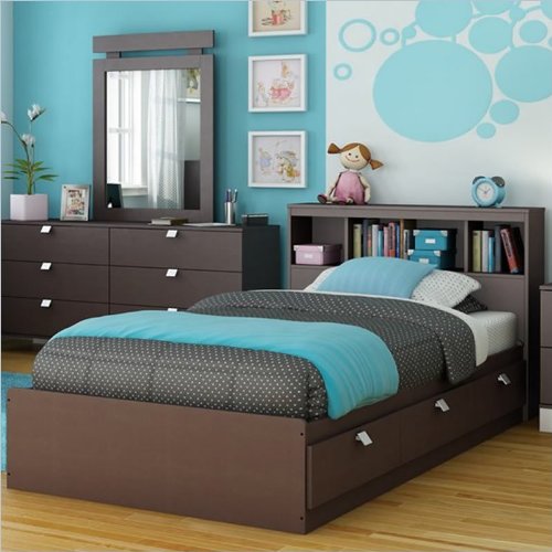 South Shore Cakao Mates Twin Captain's Bed with Bookcase Headboard in Chocolate Finish