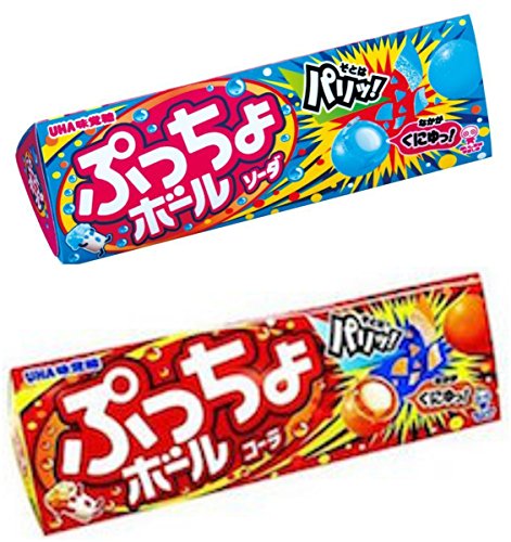 UHA Puccho Ball Triangular Box Ramune Soda and Cola, 2 Pack Fizzy Chewy Candy 31 g