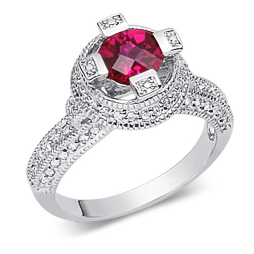 Exclusive Round Shape Checker Board Created Ruby & White CZ Size 8 Gemstone Ring in Sterling Silver