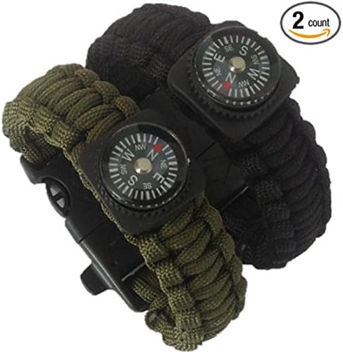 LANDVO Survival Gear Paracord Bracelet Compass Fire Starter Scraper Whistle Gear Kits- 2 Pack