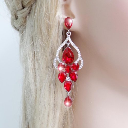 EVER FAITH Silver-Tone Tear Drop Vase Shape Austrian Crystal Garnet Color Dangle Earrings