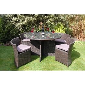 Milano Deluxe Rattan Round 120cm Table dining set with 4 stored triangular Chairs with an Aluminium Frame for All Year Outdoor & Indoor use.