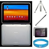 Semi Transparent White Flexi TPU Silicone Skin Cover with Side Grip for Samsung Galaxy Tab 10.1-inch Tablet fits all Model (16GB, 32GB) + Scratch Guard Clear Screen Protector + Dual Sided Soft Touch Stylus Pen + Silver Metal Stand for Galaxy Tab + SumacLife TM Wisdom Courage Wristband