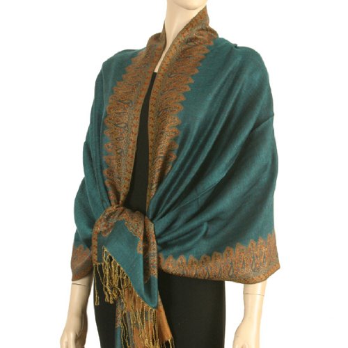 Beautiful Border Patterned Pashmina Shawl - Double Layered Weaving (Choice of 12 Colors), Teal