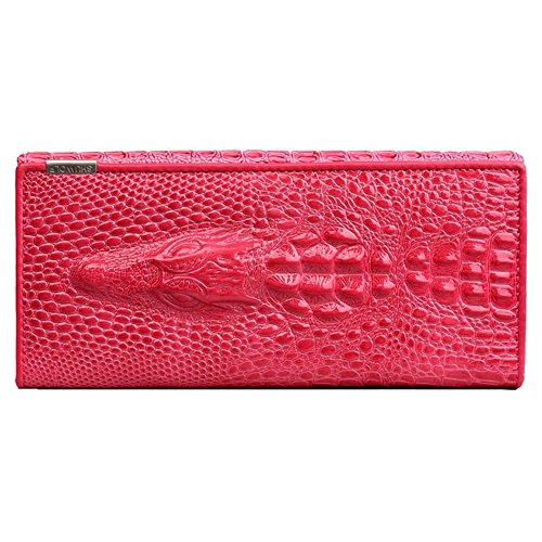 Tinyllet Popular Crocodile Bifold Leather Wallet for Women Red