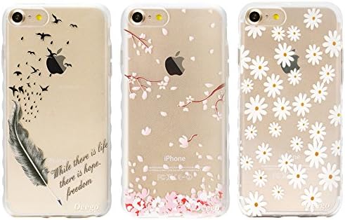 [3-Pack] iPhone 7 Case, [Thin Slim] Premium Flexible Soft TPU Anti-Scratch Protective Transparent Border Back Cover for iPhone 7 (4.7 inch) - Feather &amp; Daisy &amp; Sakura