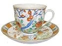 Cup and Saucer Set - Hand Painted Porcelain, Plum Blossoms and Chrysanthemum Flowers, "Longevity and Wealth"