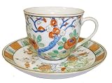 Kitchen & Housewares : Cup and Saucer Set - Hand Painted Porcelain, Plum Blossoms and Chrysanthemum Flowers, 'Longevity and Wealth'