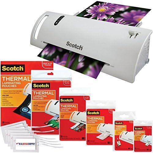 Scotch Thermal Laminator 14.75 x 4.75 x 3.75 Inches (TL902A) Combo Pack with 110 Assorted Pouch Sizes and Scotch Brand Luggage Tags by US Office Supply