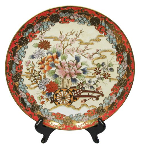 Decorative Chinese hand painted porcelain plate with gold filigree - Flower cart